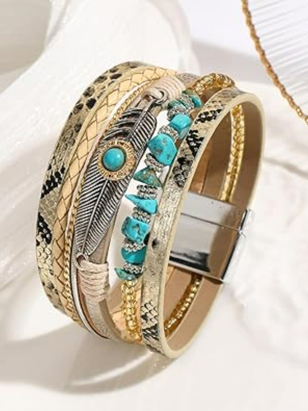 NEW Leopard Bracelet Boho Leather Wrap Multi-Layer TurquoiseCrystal Bracelet